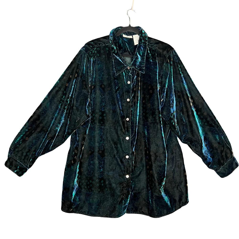VTG Velvet Iridescent Peacock Blue Woman Shirt Jacket Cozy Holiday 26W/28W
